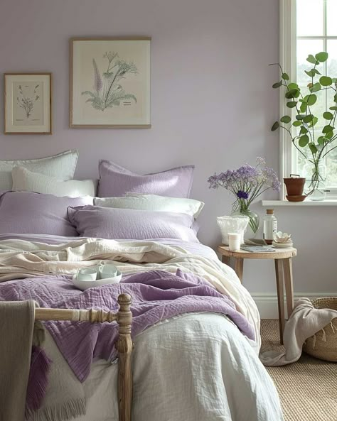 11+ Bedrooms Painting Ideas for a Quick and Impactful Room Makeover • 333+ Art Images Lilac Accent Bedroom, Heather Bedroom Ideas, Lavender And Blue Bedroom Ideas, Lila Bedroom Ideas, Cozy Lavender Bedroom, Bedroom Inspirations Purple Wall, Light Purple Walls Bedroom Ideas, Purple Wall Room Ideas Bedrooms, Purple Room Inspo Aesthetic