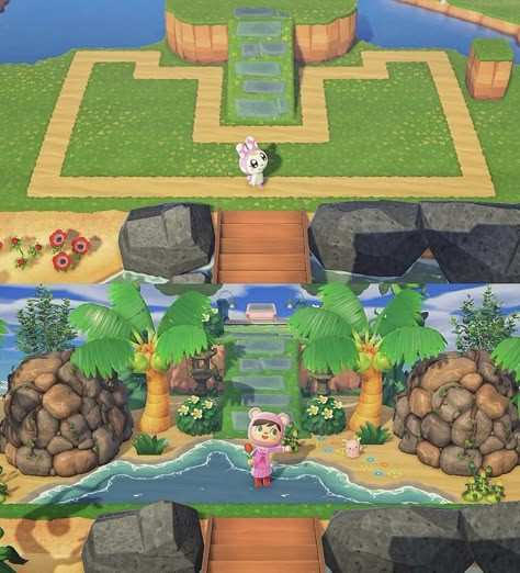 Acnh Pool Ideas, Acnh Tropical Entrance Ideas, Animal Crossing Beach Entrance, Animal Crossing Tropical Island Entrance, Acnh Beach Blanket Design, Beach Ideas Animal Crossing, Animal Crossing Tropical Island, Tropical Acnh Entrance, Tropicore Acnh Codes