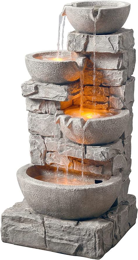 Teamson Home Outdoor Cascading Bowls and Stacked Stone Waterfall Fountain with LED Lights, Gray : Amazon.ca: Patio, Lawn & Garden Backyard Decking, Stone Waterfall, Kolam Air, Water Fountain Design, Kolam Koi, Taman Air, Outdoor Patio Garden, Diy Water Fountain, Garden Water Fountains