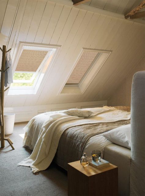 Loft Conversion Bedroom, Skylight Shade, Attic Bedroom Designs, Skylight Blinds, Bedroom Blinds, Minimalist Bedroom Design, Small Bedroom Designs, Attic Spaces, Relaxing Bedroom