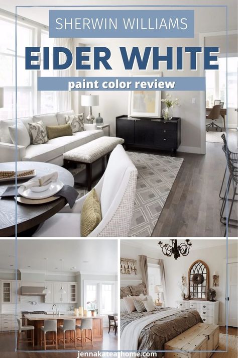 SW Eider White is an interesting off-white, almost greige paint color with a pinkish/taupe undertone, that makes it a good choice for certain spaces but not others. Read on to learn more about this paint color and to see it in real homes. Eider White Color Scheme, Sw Eider White, Architectural Digest Bathroom, Sherwin Williams Eider White, Eider White Sherwin Williams, Greige Paint Color, Eider White, Sherwin Williams Extra White, Best Gray Paint