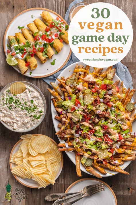 We all know the best part of the Super Bowl is the food! Today we are rounding up 30 of our favorite snacks, appetizers, and party foods for the "big game", or whenever, really. #vegan #recipes #superbowl #roundup #party #snacks #sweetsimplevegan #partyfood #plantbased Healthy Vegan Superbowl Snacks, Super Bowl Veggie Appetizers, Superbowl Vegan Party Food, Vegan Game Night Snacks, Plant Based Football Food, Super Bowl Party Food Vegan, Vegan Football Party Food, Plant Based Superbowl Recipes, Super Bowl Party Food Vegetarian