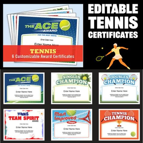 Editable Tennis Award Certificates — Designer Templates Tennis Awards, Award Template, Tennis Quotes, Tennis Champion, Tennis Team, Award Certificates, Roger Federer, Serena Williams, Tennis Players