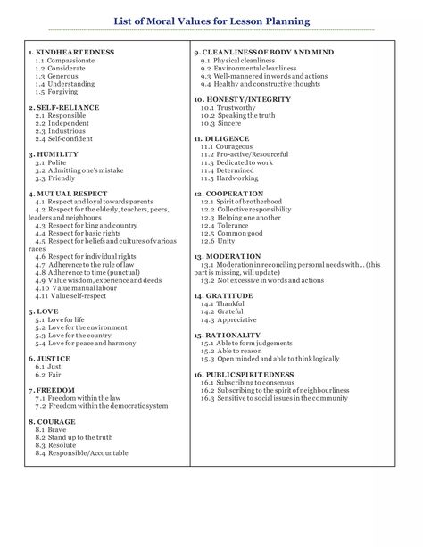 List of moral values for lesson planning | PDF Values And Morals, Kids Responsibility Chart, Lesson Plan Pdf, Lesson Plan Sample, Business Bookkeeping, Values List, Mindset Change, Small Business Bookkeeping, Kid Responsibility