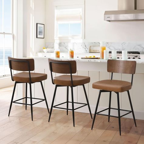 Amazon.com: Bekrvio Counter Height Swivel Bar Stools Set of 3, Upholstered Faux Leather Barstools with Wood Backs and Metal Legs, 26" Seat Height Counter Bar Stool for Kitchen Island, Brown : Home & Kitchen Counter Height Swivel Bar Stools, Stool For Kitchen, Leather Barstools, Bar Stools Kitchen Island, Stools For Kitchen Island, Swivel Counter Stools, Counter Bar, Counter Bar Stools, Kitchen Bar Stools