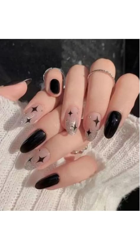 Embrace cosmic elegance with these celestial-inspired black nail designs! 🌠🖤 #CosmicElegance #CelestialNails #NailArt Black Moon Nails Acrylic, Black Star And Moon Nails, Black And White Simple Nail Designs, Black Nailart Nails, Black Moon Nail Designs, Simple Celestial Nails, Black Nails Inspiration Nailart, Celestial Nails Short, Nail Inspo Matte