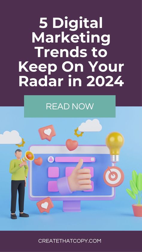 Small business owners need to pay attention to the new marketing trends to pick what suits their business niche the best and tweak or replace their existing marketing strategy. These are the strategies we believe will shape small business marketing in 2024: https://createthatcopy.com/5-digital-marketing-trends-to-keep-on-your-radar-in-2024/ Digital Marketing Trends, Business Trends, Digital Marketing Social Media, Digital Marketing Business, Digital Marketing Tools, Digital Strategy, Small Business Owners, Digital Marketing Strategy, Marketing Trends