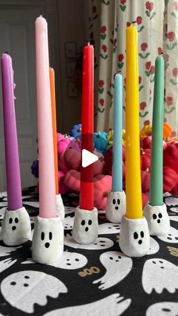 🍓CHELSEA ZEFERINA🍓 on Instagram: "Ghost Taper Candle Holders! 👻🕯️🎨

Supplies!!
🧑‍🎨White Sculpey Clay
🎨White Glossy Acrylic Paint & paint brush 
🖊️Black Marker or paint (I used @sharpie Creative Markers)
✨Mod Podge Gloss
🧻Parchment Paper 
🎛️Baking Sheet 
🕯️Taper Candles 

- Mold sculpey clay around the base of the taper candle into the desired shape, ensuring that the base is flat. 
- Don’t mold the clay too snug to the candle or you won’t be able to remove it ( I found that dipping the base of the candle in water made it easier to remove) 
- Line baking sheet with parchment paper and bake candle holders for amount of time noted on clay package instructions 
- After done baking, let cool for a couple of hours 
- Apply two coats of white gloss acrylic to candle holders and let dr Candle In Water, Mod Podge Gloss, Parchment Paper Baking, Sculpey Clay, Paint Paint, Taper Candle Holders, Candle Molds, Mod Podge, Taper Candles