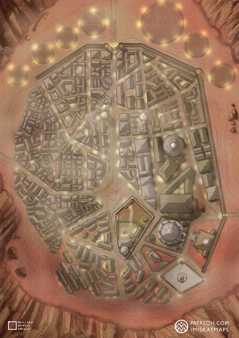 Mos Cyre Spaceport (29x41) | Miska's Sci-fi Maps on Patreon Sci Fi Tabletop Map, Sci Fi Maps Rpg, Sci Fi Battlemap, Sci Fi Map, Dnd Buildings, Map Building, Star Wars Infographic, Dark Heresy, Desert City