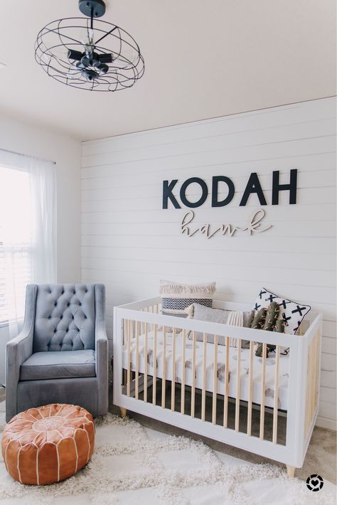 Nursery With Shiplap Accent Wall, Shiplap Baby Nursery, Nursery Ideas Shiplap, White Shiplap Nursery, Shiplap Accent Wall Nursery, Shiplap And Wallpaper Nursery, White Shiplap Nursery Wall, Shiplap Nursery Wall, Boy Nursery Name Sign