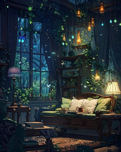 Fantasy Interior Design Art, Digital Art Room Illustrations, Howls Room Aesthetic, Fantasy House Interior Art, Fantasy Bedroom Art, Fantasy Room Art, Green Illustration Art, Digital Art Room, Library Painting