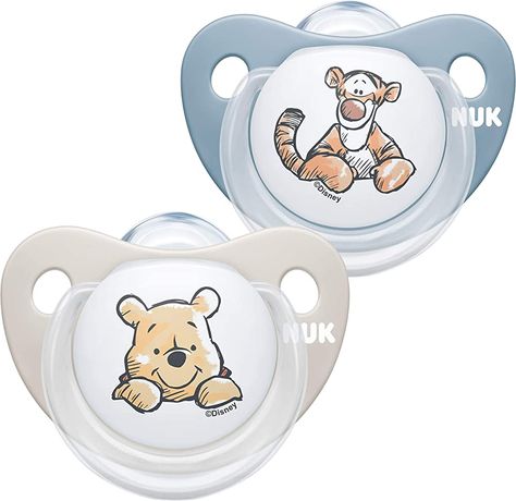 NUK Trendline Baby Dummy | 0-6 Months | BPA-Free Silicone Soothers | Disney Winnie the Pooh | Blue (Boy) | 2 Count : Amazon.co.uk: Baby Products Baby Binky, Disney Designs, Silicone Babies, Baby Pacifier, Disney Winnie The Pooh, Reborn Babies, Baby Disney, Baby Bottles