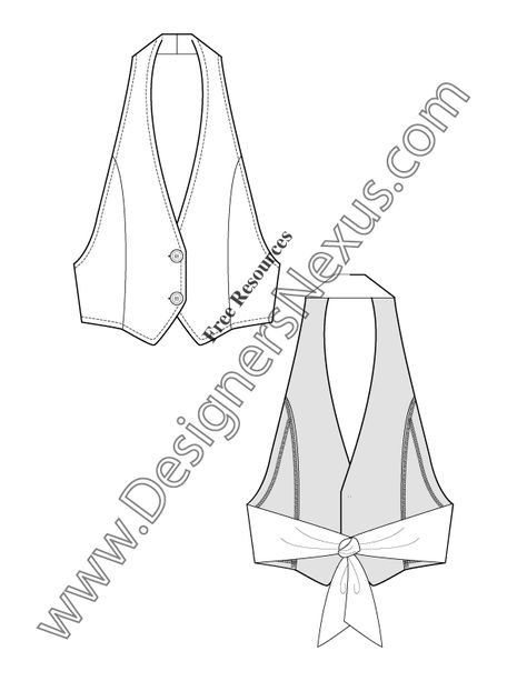 2-button halter vest with tieback closure. Pointed hem and front princess seams to armholes. Easily edit this vector flat fashion sketch template in Adobe Illustrator. Halter Vest Pattern, Vest Flat Sketch, Vest Pattern Free Sewing, Vest Sewing Patterns, Diy Vest Pattern, Flat Fashion Sketch, Diy Vest, Fashion Technical Drawing, Fashion Sketch Template