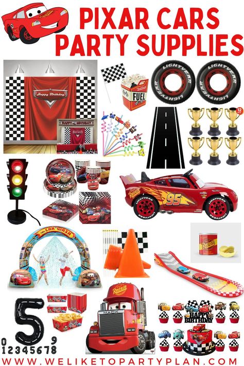 Ultimate Pixar Cars Party Supply Guide - We Like To Party Plan Cars 5th Birthday Party, Two Fast Lightning Mcqueen Birthday, Disney Cars 3rd Birthday Party, Lightening Mcqueen 3rd Bday, Lightning Mcqueen 2nd Birthday, Cars Pixar Birthday Party Ideas, Lighting Mcqueen Birthday Party Ideas, Cars 3rd Birthday Party, Cars Movie Birthday Party