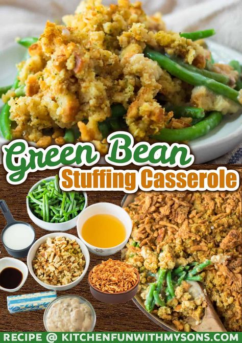 This Green Bean Stuffing Casserole is made up of two favorite Thanksgiving side dishes in one! Green beans in a creamy mushroom gravy combined with stuffing and then topped with crispy French friend onions. Green Bean Casserole With Stuffing, Green Bean And Stuffing Casserole, Green Bean Stuffing Casserole, Green Beans Casserole, Thanksgiving Green Bean Casserole, Mushroom Side Dishes, Thanksgiving Brunch, Best Thanksgiving Side Dishes, Thanksgiving Food Sides