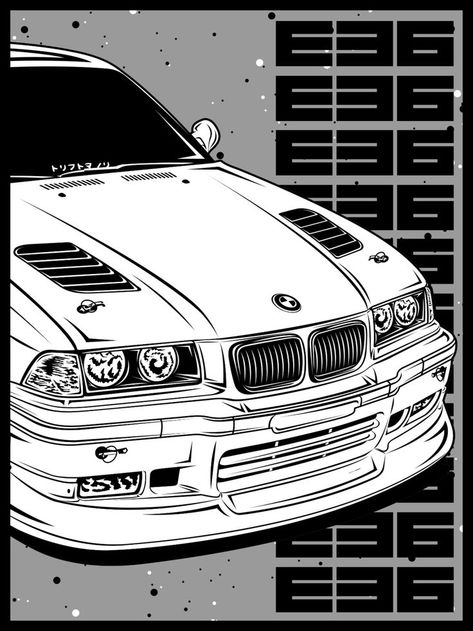 BMW E36 Stance comic style Bmw E30 Drawing Sketch, E36 Bmw Drawing, Bmw E36 Poster, E36 Poster, Cars To Draw, E36 Stance, Bmw E36 Wallpapers, Bmw Drawing, Bmw Sketch