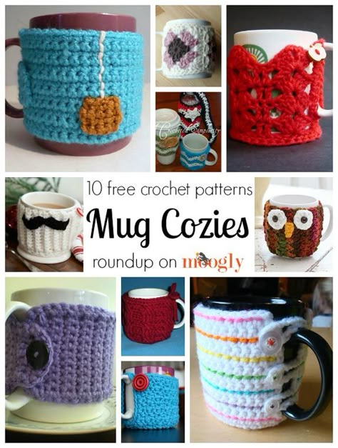 Mug cozies save your warm drinks, have a bit of fun while they're at it. So here are 10 free crochet patterns for mug cozies! Crochet Coffee Mug, Charity Crochet, Mug Cozies, Crochet Cozies, Mug Cozy Pattern, Crochet Mug, Crochet Mug Cozy, Crochet Coffee Cozy, Crochet Coffee