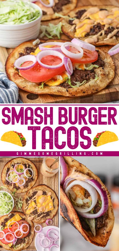 Looking for the best appetizer recipe? These Smash Burger Tacos start with crispy beef smashed in a crispy tortilla and favorite burger toppings. Pin this appetizer recipe for dinner! Big Mac Smash Burger Taco On Blackstone, Burgers With Tortilla, Smash Burger Tacos, Big Mac Tacos, Mac Tacos, Burger Tacos, Smash Burger Recipe, Small Bites Appetizers, Barbeque Recipes