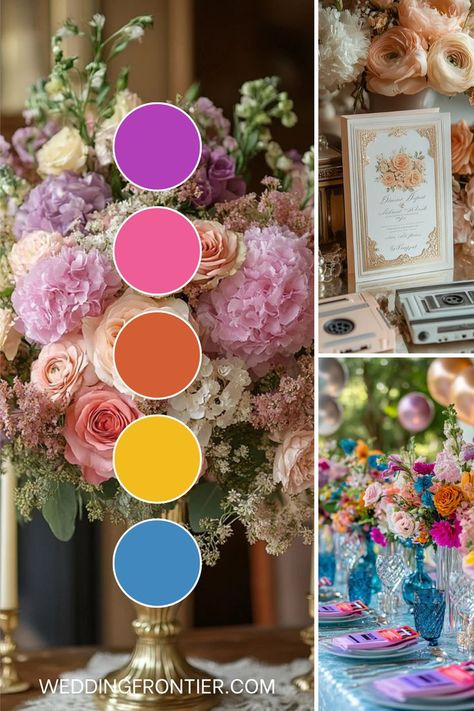 1980s wedding theme ideas for a fun, retro-inspired celebration. 80s Wedding Theme, Colorful Wedding Decorations, 90s Wedding, 80s Wedding, Wedding Theme Ideas, Wedding Color Ideas, Wedding Palette, Bridesmaids And Groomsmen, Themed Decor