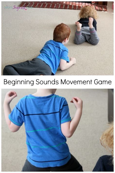 Beginning sounds movement game. A gross motor literacy activity that will have kids moving and learning! Brain Games For Kids, Games For Kids Classroom, Abc Activities, Gross Motor Activities, Kids Moves, Preschool Literacy, Movement Activities, Alphabet Activities Preschool, Teaching Letters