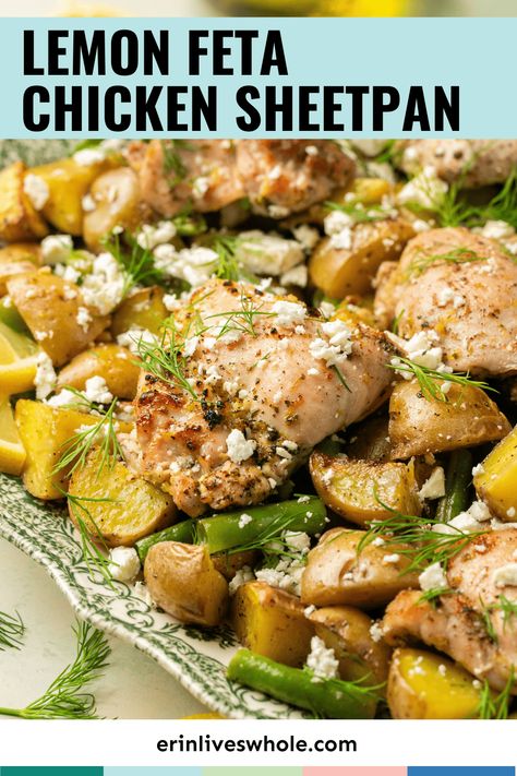 Enjoy a healthy, nutritious, satisfying meal with this Sheet Pan Lemon Feta Chicken. Not only is it delicious, it's also an easy to make, one pan recipe! Lemon Feta Chicken, Mediterranean Sheet Pan, Traybake Dinner, One Pan Recipe, Sheet Pan Meals Chicken, Feta Chicken, Greek Lemon Chicken, Pan Recipe, Feta Recipes