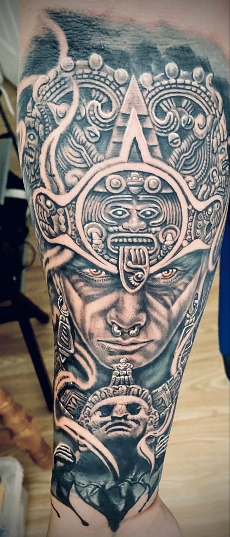 Aztec tottoo | Aztec tattoos sleeve, Warrior tattoo, Mayan tattoos Colombian Tattoos, Mayan Warrior Tattoo, Spanish Warrior, Clock Tattoo Sleeve, Aztec Sleeve, Aztec Warrior Tattoo, Aztec Tattoos Sleeve, Blue Ink Tattoos, Warrior Tattoo Sleeve