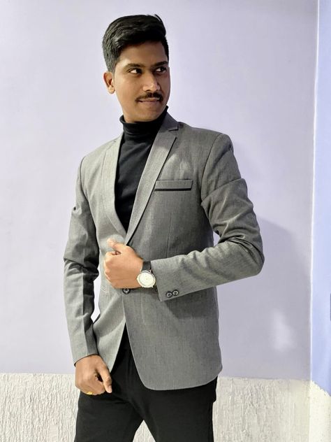 Grey Blazer, Black High Neck T-Shirt and Black Pant Combination - Men's Fashion Grey Blazer Mens, Grey Blazer, Blazer Black, Blazers For Men, Black Pants, Neck T Shirt, Men's Fashion, High Neck, Blazer