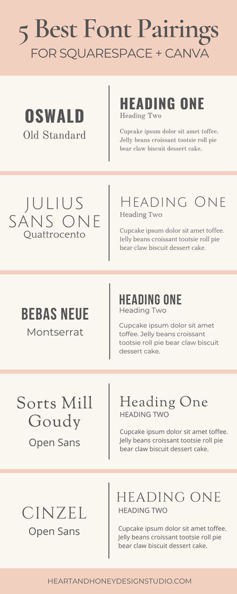 Choosing the Perfect Fonts for Your Website - 20 Best Font Pairings for Squarespace + Canva — Heart + Honey Design Studio | Squarespace Web Design Fonts For Website Design, Magazine Fonts Canva, Font Pairings For Website, Matching Fonts Canva, Font Pairing Website, Website Font Combinations, Free Canva Font Pairings Wedding, Free Canva Fonts Pairing, Canva Script Font Pairings