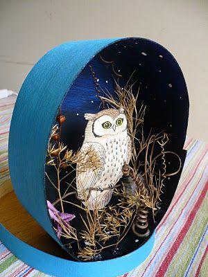 Night Owl Shrine Box Owl Diorama, Wooden Nesting Boxes, Tin Diorama, Wall Shrine, Homework Board, Tunnel Books, Diorama Kids, Diorama Art, Tin Ideas