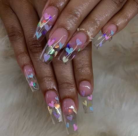 Vee Mendoza | Nail Artist on Instagram: “Sooo cute, Happy Valentine’s Day 💕⁣ •⁣ @youngnailsinc ⁣ “Girl Gang” + “Speed clear” ⁣ Confetti hearts & Mission control gel paints for nail…” Vee Mendoza, Confetti Nails, Valentines Day Nails, Bunny Nails, Mission Control, Sassy Nails, Polygel Nails, Classy Acrylic Nails, Neutral Nails