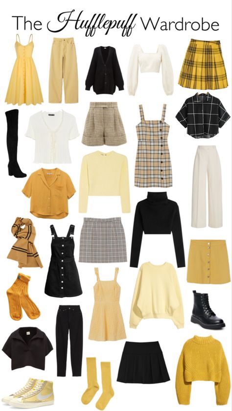 #harrypotter #fashion #clothes #wardrobe #hufflepuff Modern Hogwarts Outfits, Hufflepuff Dress Aesthetic, Hufflepuff Universal Outfit, Hufflepuff Casual Outfit, Hufflepuff Style Outfit, Hufflepuff Womens Outfit, Hogwarts Hufflepuff Outfit, Helga Hufflepuff Cosplay, Hufflepuff Costume Ideas