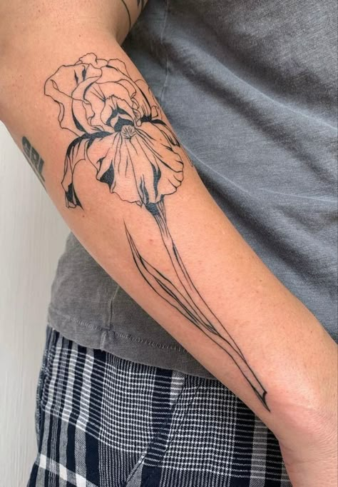 Nature Tattoo Forearm Women, Symmetrical Forearm Tattoo, Iris Tattoo Arm, Mirrored Shoulder Tattoo, Flower Arrangements Tattoo, Purple Iris Tattoo Design, Women’s Floral Tattoo, Ivy Tattoo Shoulder, Flower On Elbow Tattoo