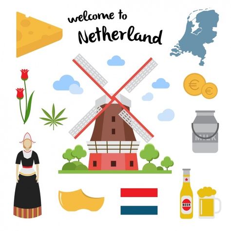 Netherland elements collection | Free Vector #Freepik #freevector #flower #beer #flag #milk Moving Party, Netherlands Flag, Holland Art, Dutch Heritage, Play Props, Geography For Kids, Flat Drawings, Holidays Around The World, Dutch Door