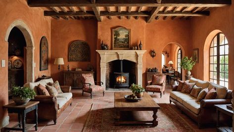 Hacienda Style Fireplace, Spanish Colonial Living Room, Spanish Fireplace, Mission Style Living Room, Kitchen Flooring Trends, Colonial Living Room, Kitchen Tile Inspiration, Architectural Aesthetic, Rustic Industrial Kitchen