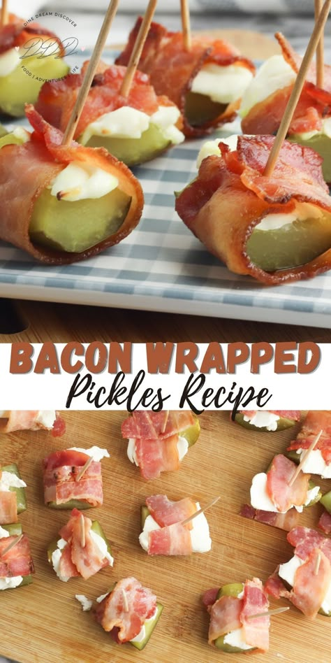 Bacon Wrapped Pickles Recipe - Dine Dream Discover Cream Cheese Pickles, Bacon Wrapped Pickles, Wrapped Pickles, Cheese Pickles, Pickles Recipe, Bacon Appetizers, Appetizers Easy Finger Food, Best Appetizer Recipes, Finger Food Appetizers