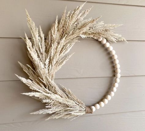 Neutral Front Door, Pampas Grass Wreath, Wood Bead Wreath, Beaded Wreath, Bead Wreath, Beige Nursery, Grass Wreath, Ring Wreath, Boho Wreath