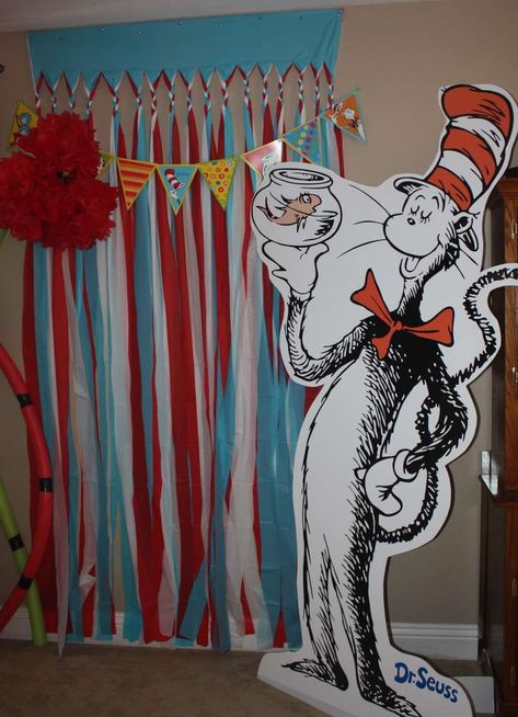 Dr Suess Birthday Party Ideas | Photo 13 of 25 | Catch My Party Dr Suess Backdrop, Cat In The Hat Backdrop, Cat In The Hat Decorations, Dr Suess Birthday, Dr Seuss Decorations, Doctor Suess Birthday, Dr Seuss Party Ideas, Cat In The Hat Party, Dr Seuss Classroom