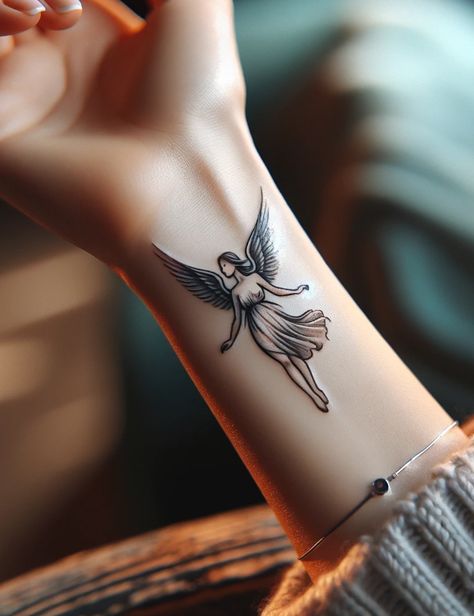 Angel Tattoo Men Arm, Arrow Forearm Tattoo, Angle Tattoo, Small Feminine Tattoos, Forearm Flower Tattoo, Aquarius Aesthetic, Heaven Tattoos, Tattoos Quotes, Angel Tattoos