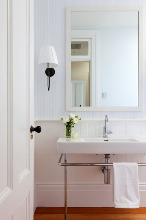 sarah powder room? White Beadboard Bathroom, Arent Pyke, Bathroom Chair, Beadboard Bathroom, White Beadboard, Blue Kitchen Cabinets, Cottage Bathroom, Chair Rail, Simple Bathroom