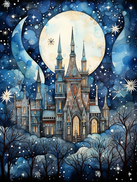 Night Journaling, Castle Night, Whimsical Art Paintings, For Journal, Jigsaws, Happy Paintings, Creative Journal, Crafting Supplies, Winter Art