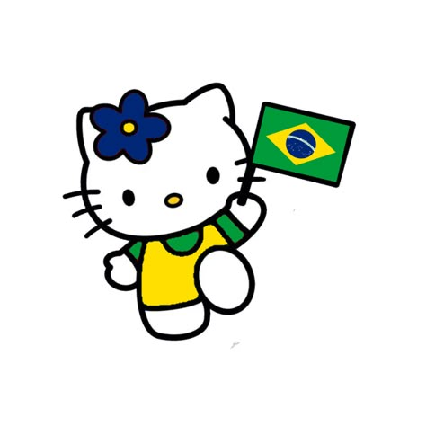 Brazil Flag Drawing, Brazil Hello Kitty, Brazil Flag Wallpaper, Brazil Pfp, Hello Kitty Holding Flag, Brasil Flag, Hello Kitty Guitar, Latina Art, Flag Drawing