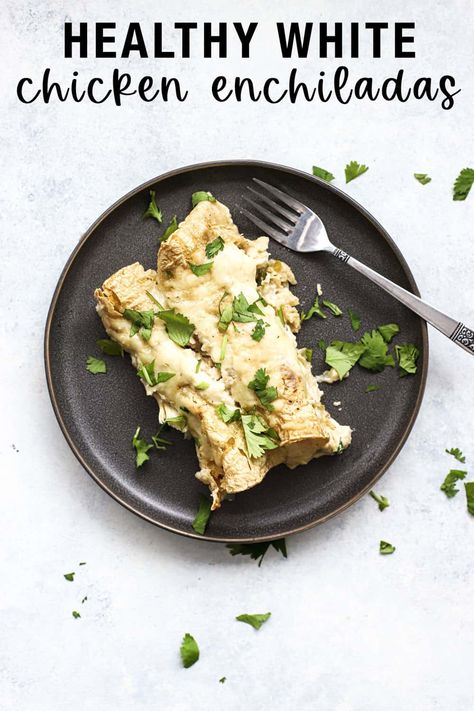 These healthy white chicken enchiladas are creamy, cheesy, and so comforting! With a few healthy ingredient swaps (Greek yogurt for sour cream), these enchiladas become a protein-packed way to get your healthy comfort food fix. The authentic coriander-spiced white enchilada sauce *makes* this recipe. Your whole family will love them! #chickenenchiladas #healthycomfortfood #easywhitechickenenchiladas #healthymexicanfood #healthywhitechickenenchiladas Healthy White Chicken Enchiladas, White Sauce Chicken Enchiladas, Healthy White Sauce, White Enchilada Sauce, Sour Cream Enchilada Sauce, White Sauce Chicken, Healthy Sour Cream, Enchiladas Healthy, Sour Cream Enchiladas