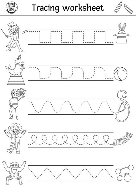 Vector circus handwriting practice worksheet. Amusement show printable black and white activity for preschool children. Tracing game for writing skills with magician, clown, gymnast, athlete Fair Theme Preschool Activities, Circus Literacy Activities, Circus Daycare Activities, Circus For Preschoolers, Circus Fine Motor Activities, Carnival Theme Activities For Preschool, Circus Week Preschool, Circus Worksheets Preschool, Preschool Carnival Activities