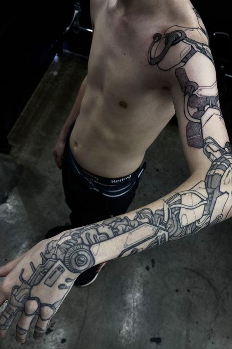 Cyber arm tattoo by Planoc #cybertattoo #armtattoo #techtattoo #futuristic #conceptart Tattoo Ideas Skeleton, Sci Fi Tattoos, Robotic Arm Tattoo, Dishonored Tattoo, Computer Tattoo, Robot Tattoo, Hand Tattoo Ideas, Tech Tattoo, Cyberpunk Tattoo