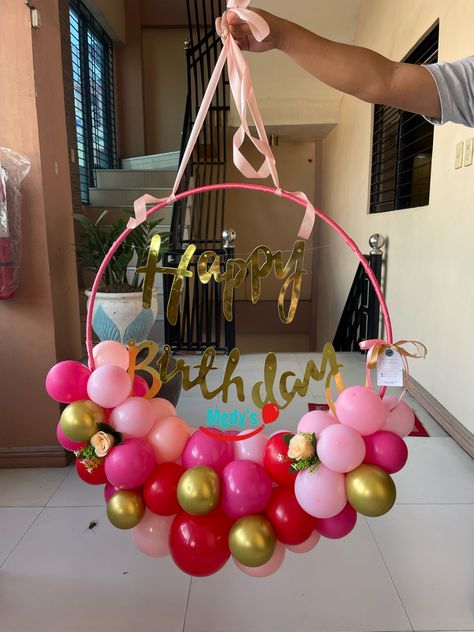 #happybirthday #balloons #hoopart #birthday Hoop Birthday Decoration, Hoop Decorations, Balloon Hoop, Hanging Balloons, Ceiling Hangers, Balloon Wreath, Thanksgiving Potluck, Birthday Wreath, Simple Birthday Decorations