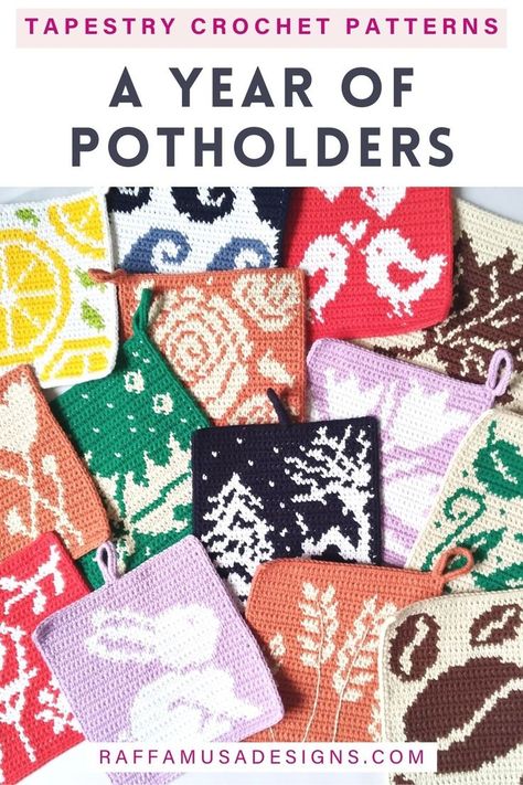 A collection of tapestry crochet potholders with a different design for each month and season of the year Crochet Farmhouse, Crochet Potholder, Crochet Potholder Patterns, Crochet Pig, Crochet Horse, Potholder Patterns, Mosaic Crochet, Crochet Bee, Tapestry Crochet Patterns