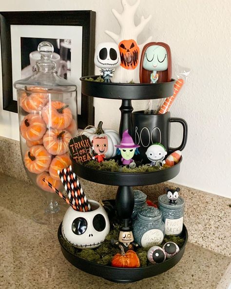 Suzanne Klaren on Instagram: “Nightmare Before Christmas tiered tray 💀🖤👻🌙 #disneytieredtray #halloweentieredtray #nightmarebeforechristmastieredtray #disney #disneylove…” Nightmare Before Christmas Tiered Tray Decor, Nightmare Before Christmas Kitchen Decor, Nightmare Before Christmas Tiered Tray, The Nightmare Before Christmas Decor, Halfway To Halloween, Mickey Craft, Apothecary Kitchen, Disney Halloween Decorations, Tiered Display