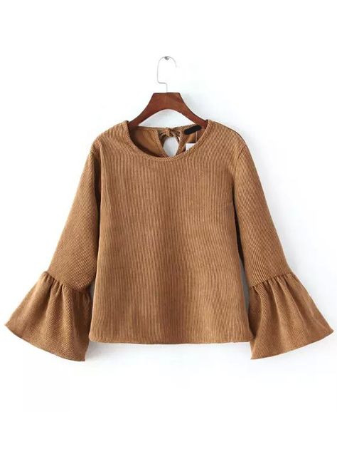 Shop Camel Bell Sleeve Crop Corduroy Blouse online. SheIn offers Camel Bell Sleeve Crop Corduroy Blouse & more to fit your fashionable needs. Áo Blu, Corduroy Blouse, Casual Chique, Flared Sleeves Top, Blouse Sale, Blouse Online, Women Shirts Blouse, Mode Inspiration, Sleeve Detail