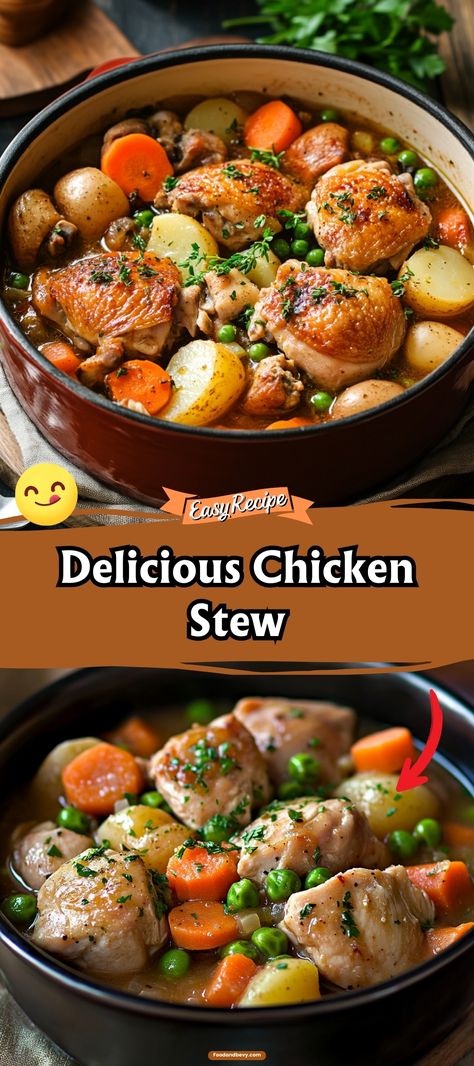 Warm up with a hearty Chicken Stew. Packed with tender chicken pieces, vegetables, and a savory broth, this stew is both comforting and satisfying. Perfect for a nourishing meal any day of the week. #ChickenStew #ComfortFood #HeartyMeals Hearty Chicken Stew, Chicken Thigh Stew Recipes, Pottage Stew, Stew Recipes Chicken, Chicken Stew Recipe Easy, Chicken Stew Crockpot, Chicken Thigh Stew, Chicken And Vegetable Stew, Chicken Stews