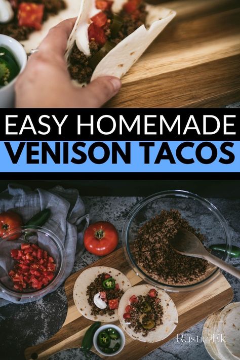 These homemade venison tacos are so easy to make! Ready in less than 30 minutes, this is a great, delicious way to use up ground venison meat. Great for someone that is unsure for how to prepare venison meat properly. It can also be used with virtually any ground meat for an easy, delicious meal. Deer Burger Recipes, Venison Tacos, Ground Venison Recipes, Moose Meat, Venison Meat, Venison Burgers, Deer Recipes, Ground Venison, Hearty Beef Stew